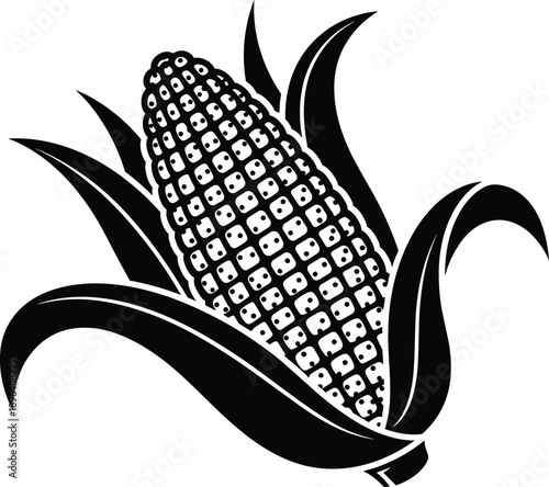 Corn on the Cob Silhouette Vector Illustration, Detailed Maize Ear with Husk for Agriculture Farming Healthy Organic Food Product and Autumn Harvest Design,
