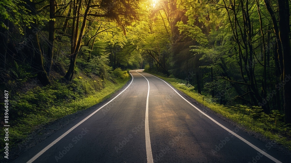 Obraz premium Winding road stretches through a vibrant green forest, with sunlight streaming through the trees, creating a peaceful and inviting atmosphere in nature