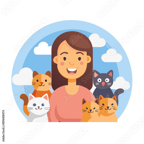 Smiling woman with plenty of cats outdoors
