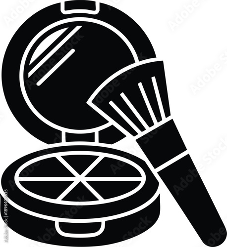 Segmented Powder Compact and Large Face Brush Icon, vector, illustration, silhouette.