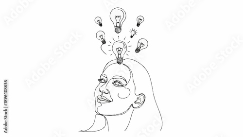 Woman with lightbulbs above head symbolizing ideas and inspiration.