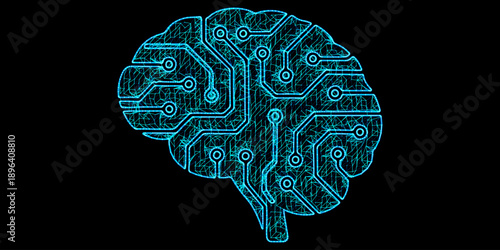 Artificial Intelligence Neural Network Brain - Digital Mind with Cyber Circuitry and Neon Mesh Vector