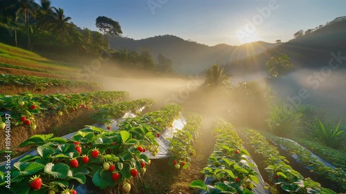 Wallpaper Mural Beautiful strawberry farm in the morning mist with sunlight breaking through the hills Torontodigital.ca