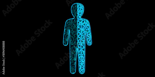 Digital Twin Human Silhouette in Cyber Mesh Style - Neon Blue Vector for AI, Virtual Reality and Health Technology