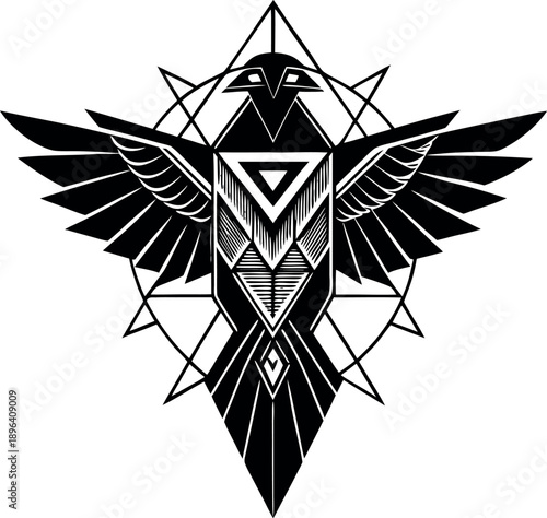 Geometric Raven Illustration with Occult Symbols and Symmetrical Wings