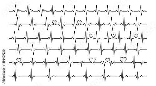 Red heartbeat line collection with heart symbol, cardiology, medical pulse, ECG, EKG design, healthcare clipart vector illustration, health monitoring, digital heartbeat graphics