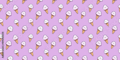 Wallpaper Mural seamless pattern of huge three-scoop vanilla ice cream illustrations, playful black line art with white color fill on a vibrant purple background Torontodigital.ca