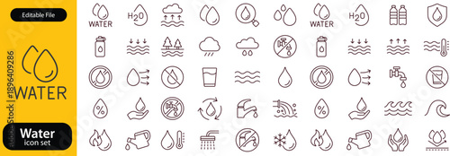 Water icon set. water linear icon collection real estate. Drop Water, Mineral Water, Low and High Tide, Shower, Plastic Bottle and Glass.Editable line icons. Vector illustration
