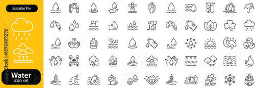 Water icon set. water linear icon collection real estate. Drop Water, Mineral Water, Low and High Tide, Shower, Plastic Bottle and Glass.Editable line icons. Vector illustration