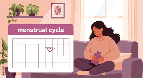 Modern vector illustration of woman resting on sofa with hot water bottle and large menstrual calendar background, representing self-care, pain relief, wellness, and healthy lifestyle