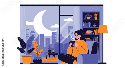 Flat vector illustration of woman drinking herbal tea near window with moon background, symbolizing hormonal balance, menstrual care, relaxation, and healthy lifestyle