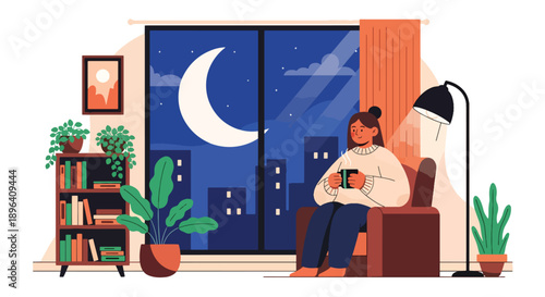Flat vector illustration of woman drinking herbal tea near window with moon background, symbolizing hormonal balance, menstrual care, relaxation, and healthy lifestyle