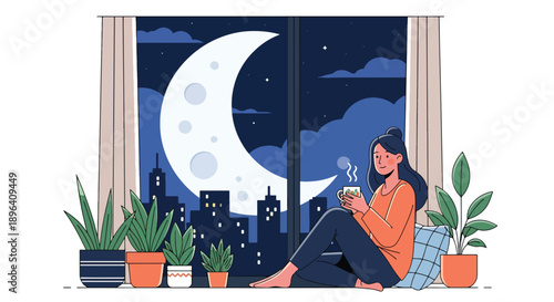 Flat vector illustration of woman drinking herbal tea near window with moon background, symbolizing hormonal balance, menstrual care, relaxation, and healthy lifestyle