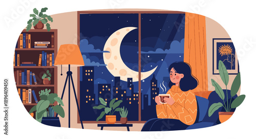 Flat vector illustration of woman drinking herbal tea near window with moon background, symbolizing hormonal balance, menstrual care, relaxation, and healthy lifestyle