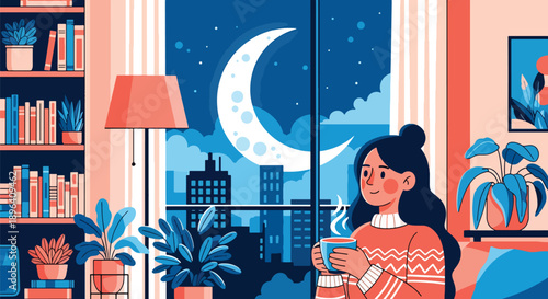 Flat vector illustration of woman drinking herbal tea near window with moon background, symbolizing hormonal balance, menstrual care, relaxation, and healthy lifestyle
