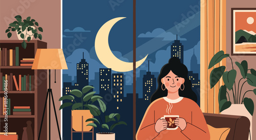 Flat vector illustration of woman drinking herbal tea near window with moon background, symbolizing hormonal balance, menstrual care, relaxation, and healthy lifestyle