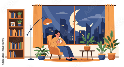 Flat vector illustration of woman drinking herbal tea near window with moon background, symbolizing hormonal balance, menstrual care, relaxation, and healthy lifestyle