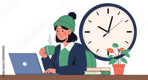 Modern vector illustration of woman working on laptop with tea and clock background, showing productivity, balance, menstrual wellness, and remote work lifestyle