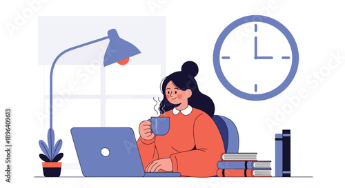 Modern vector illustration of woman working on laptop with tea and clock background, showing productivity, balance, menstrual wellness, and remote work lifestyle