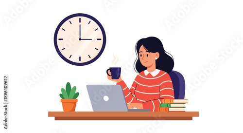 Modern vector illustration of woman working on laptop with tea and clock background, showing productivity, balance, menstrual wellness, and remote work lifestyle