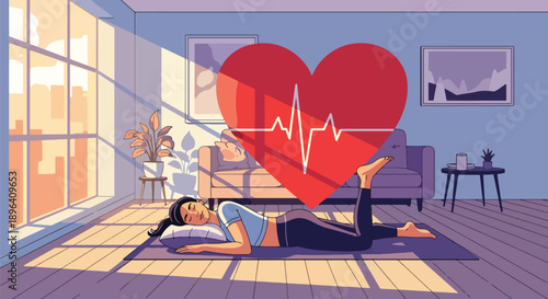 Modern vector illustration of woman lying on yoga mat with heartbeat beackground, promoting relaxation, menstrual comfort, flexibility, and healthy living