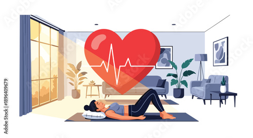 Modern vector illustration of woman lying on yoga mat with heartbeat beackground, promoting relaxation, menstrual comfort, flexibility, and healthy living