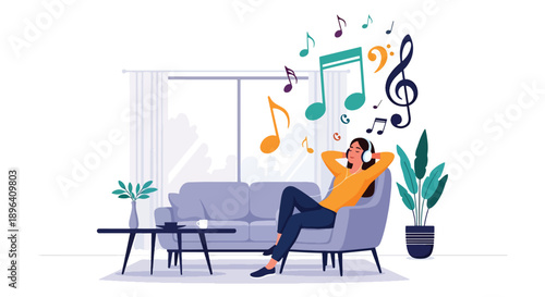 Modern vector illustration of woman listening to music in armchair with headphone, expressing relaxation, emotional comfort, and menstrual stress relief