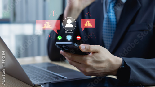 Cyber security alert for mobile phone scam and fraud, spam call warning from unknown number, digital safety, data protection and online threat prevention concept
