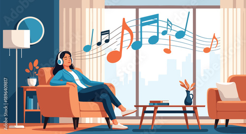 Modern vector illustration of woman listening to music in armchair with headphone, expressing relaxation, emotional comfort, and menstrual stress relief