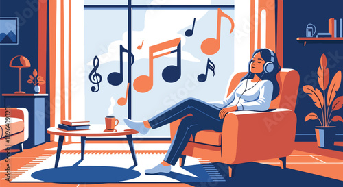 Modern vector illustration of woman listening to music in armchair with headphone, expressing relaxation, emotional comfort, and menstrual stress relief