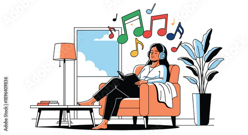 Modern vector illustration of woman listening to music in armchair with headphone, expressing relaxation, emotional comfort, and menstrual stress relief