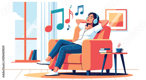 Modern vector illustration of woman listening to music in armchair with headphone, expressing relaxation, emotional comfort, and menstrual stress relief