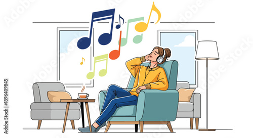 Modern vector illustration of woman listening to music in armchair with headphone, expressing relaxation, emotional comfort, and menstrual stress relief