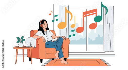 Modern vector illustration of woman listening to music in armchair with headphone, expressing relaxation, emotional comfort, and menstrual stress relief
