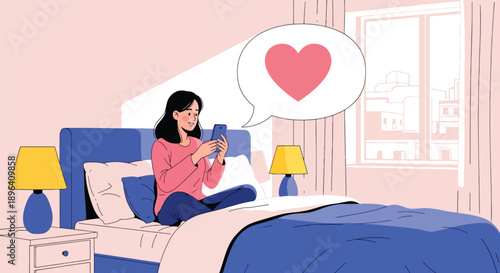 Flat vector illustration of woman video calling friend with chat background, showing emotional support, friendship, and mental wellness during menstruation