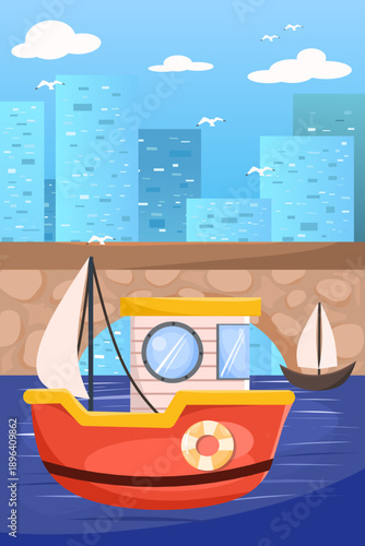 Illustration of a city harbor scene with ships sailing, with a backdrop of bridges and tall urban buildings