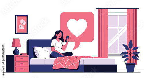 Flat vector illustration of woman video calling friend with chat background, showing emotional support, friendship, and mental wellness during menstruation