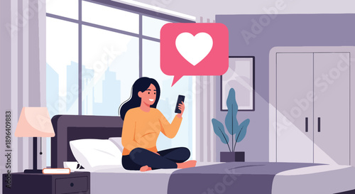 Flat vector illustration of woman video calling friend with chat background, showing emotional support, friendship, and mental wellness during menstruation