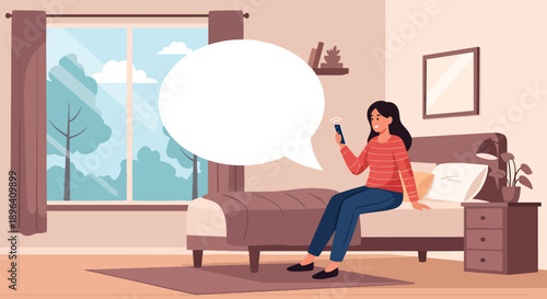 Flat vector illustration of woman video calling friend with chat background, showing emotional support, friendship, and mental wellness during menstruation