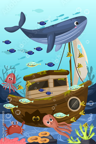 Illustration of an underwater scene with a shipwreck and various cute sea animals, as well as a large whale swimming above the ship