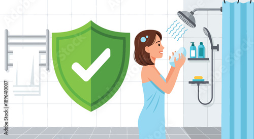 Flat vector illustration of woman taking warm shower with shield symbol, symbolizing hygiene, comfort, relaxation, and menstrual pain relief routine
