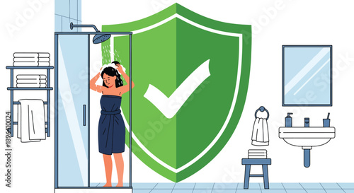 Flat vector illustration of woman taking warm shower with shield symbol, symbolizing hygiene, comfort, relaxation, and menstrual pain relief routine