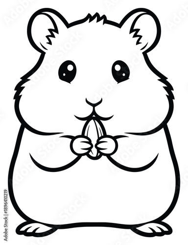 Cute little hamster happily holding a sunflower seed, an adorable pet animal line art illustration