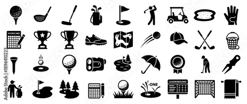 Golf Icons Collection: An extensive array of monochromatic golf icons showcases various elements of the sport, from equipment to course features.