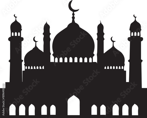 Taj Mahal and mosqure silhouette vector illustration with mosque architecture, domes, and minarets representing a famous Indian cultural and religious landmark against the sky