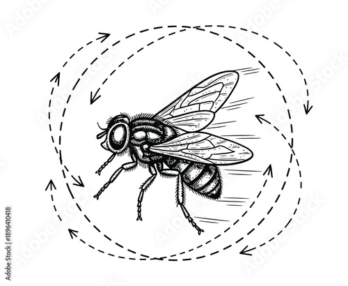 Illustrated black and white drawing of a detailed fly in motion, surrounded by dashed lines and arrows depicting its flight path. The tone is dynamic and whimsical.