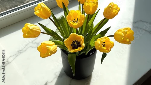 Wallpaper Mural Bright Yellow Tulips in a Black Vase Displayed on a Marble Surface near a Window Torontodigital.ca