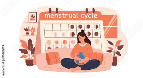 Modern vector illustration of woman resting on sofa with hot water bottle and large menstrual calendar background, representing self-care, pain relief, wellness, and healthy lifestyle