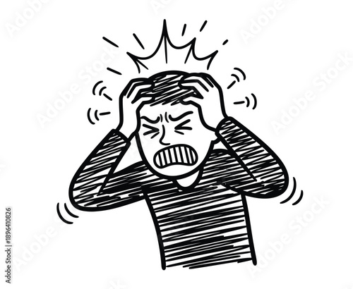 A black and white sketch of a frustrated person gripping their head, with wavy lines around them indicating stress or tension, and an alarmed expression.