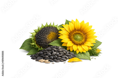 Fresh sunflower with seeds and green leaves isolated on white or transparent background